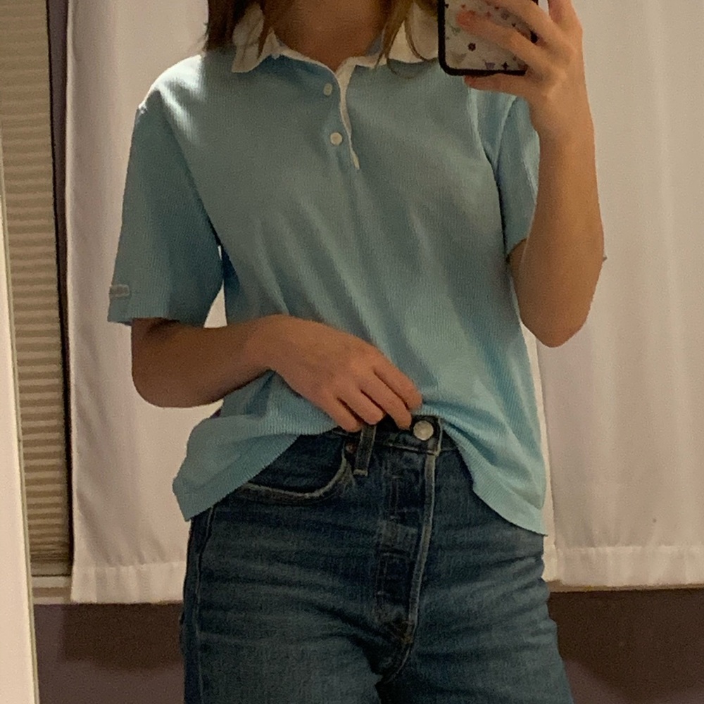 Blue and white striped collared t-shirt